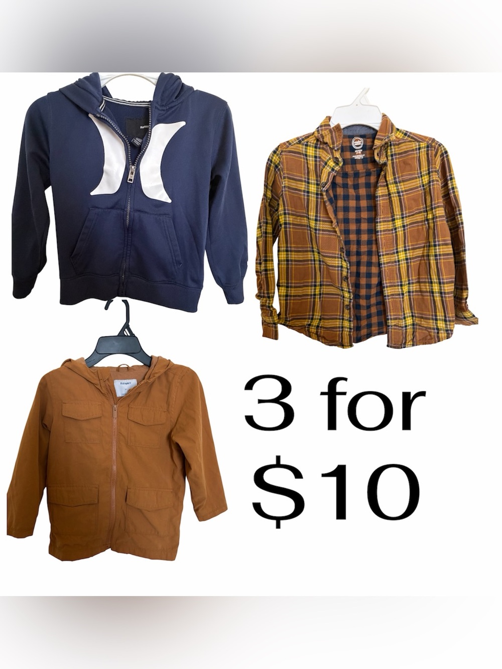 Hurley Navy Hoodie with Mustard Plaid Shirt ,& Brown Old Navy Jacket Kids Bundle